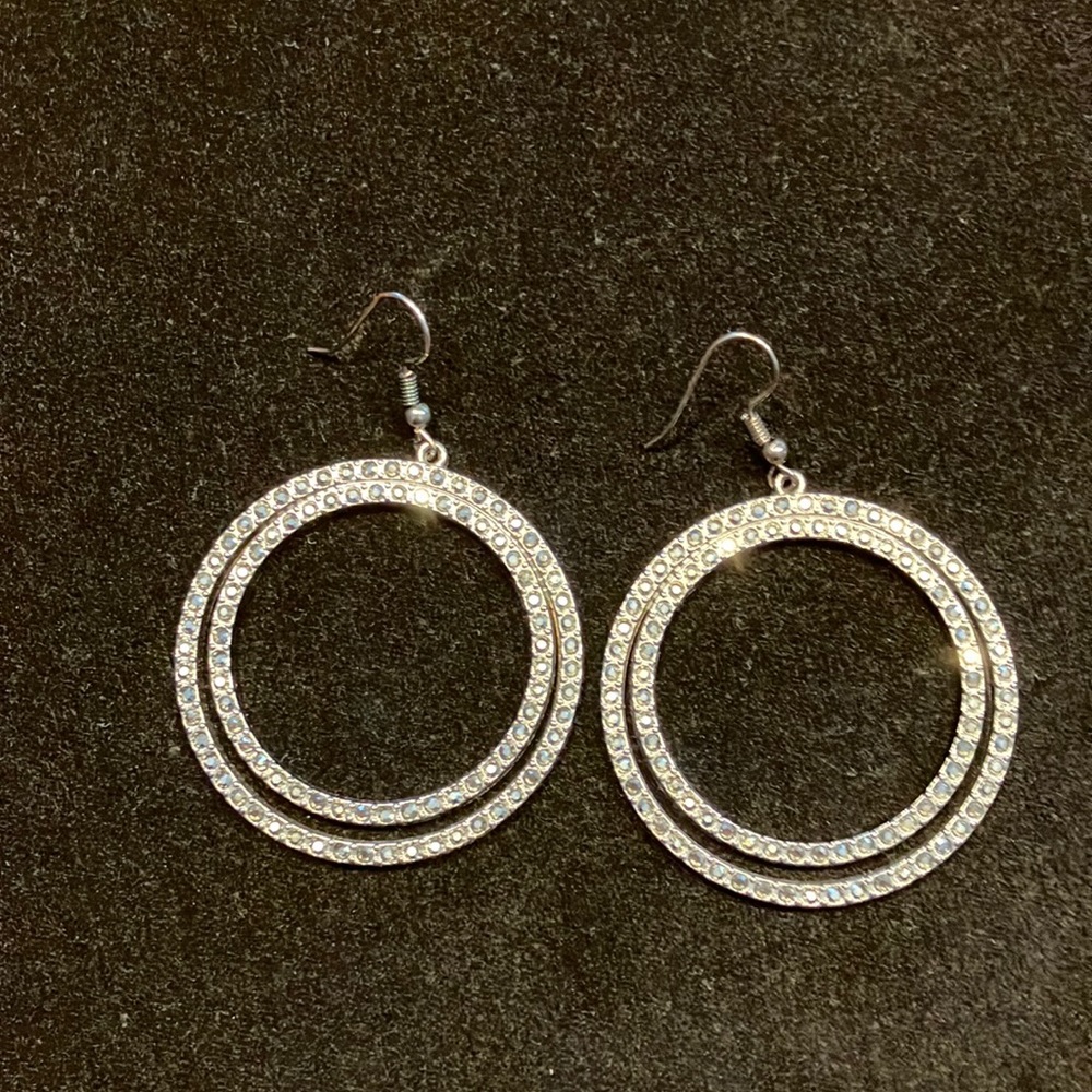 Hoop Dangle Earrings Hematite color and faux Marcasite stones